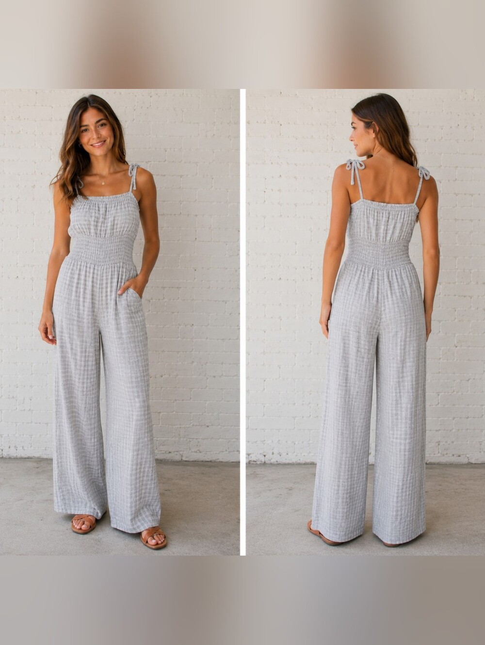 Sincerely Jules Smocked Tie-Strap Wide-Leg Jumpsuit in Light Gray